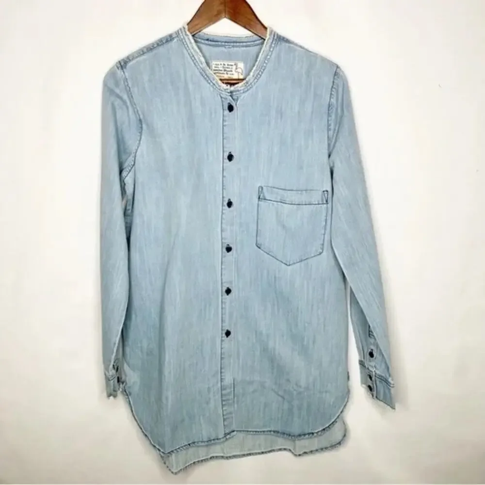 #210 NWT FREE PEOPLE x SANDRINE ROSE Mandarin Neckline Raw Edge Denim Shirt SzSm